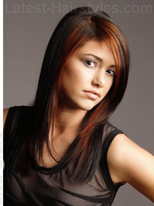 A long red and black sleek hairstyle side view