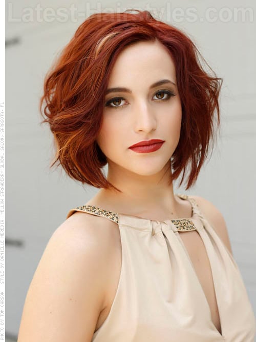 Red Wavy medium bob hairstyle with Dramatic Highlights