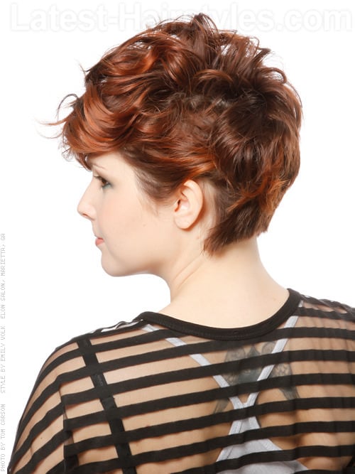 Fun Cropped Wavy Look with Curls and Bright Copper Highlights Back View