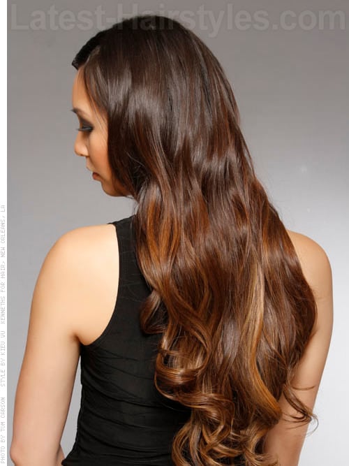 Long Soft Wavy Style with Ombre Hair Color Highlights Back View