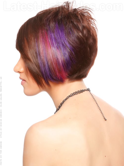 Short Bright Multicolor Hair Color with Bangs Side View