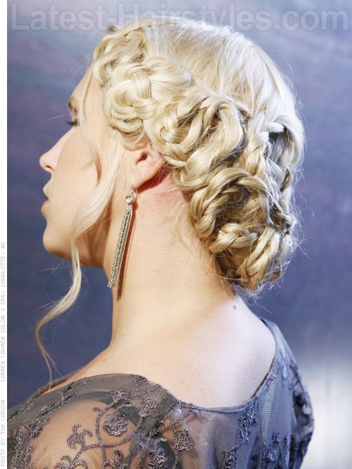 Braided Pale Blonde Glamorous Long Hair Updo - Back View