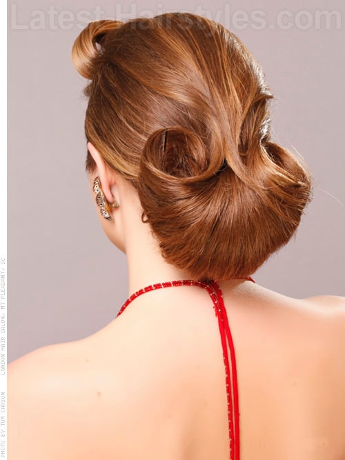 Flared Bun Dramatic Long Hair Updo Back View