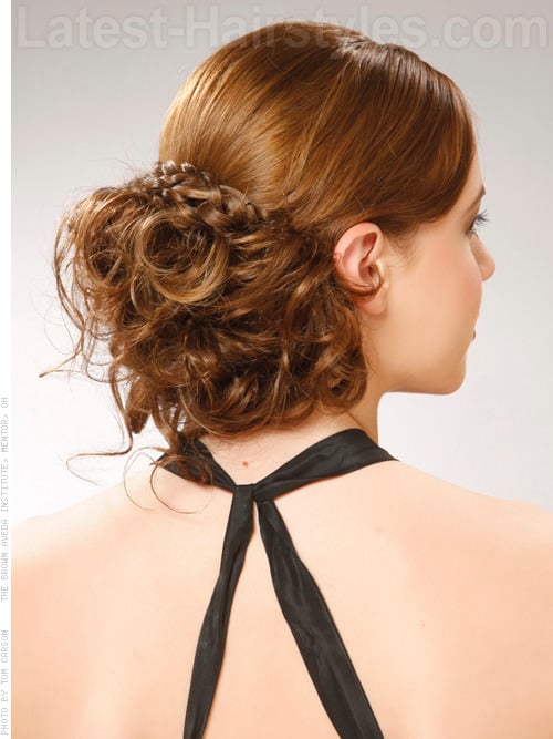 Holiday Long Hair Updo Glamorous Low on Neck Style Back View