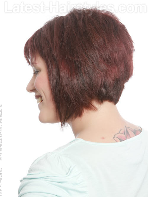 Edgy Bob Short Brunette Style with Red Highlights - Back View
