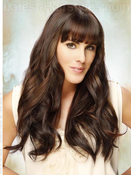 Long Brunette Style with Waves and Long Bangs
