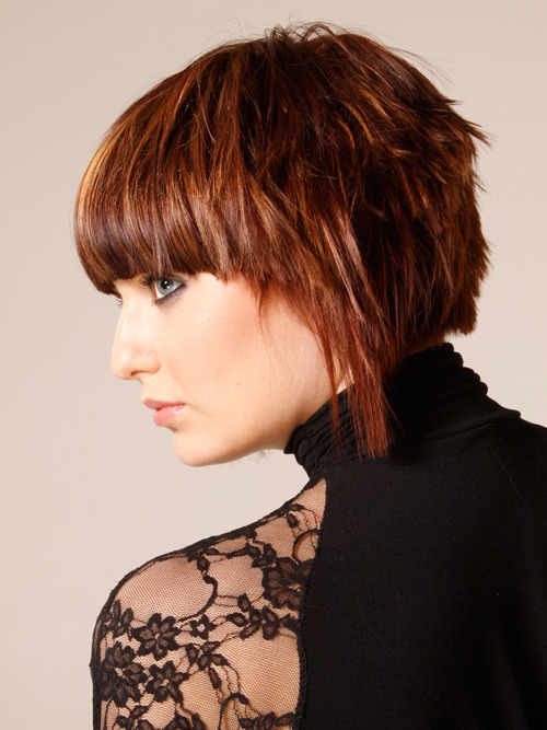 Brunette Streaked Medium Bob with Bangs Side View