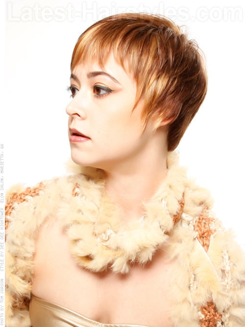 Textured Temptress Highlighted Short Pixie Haircut Side View