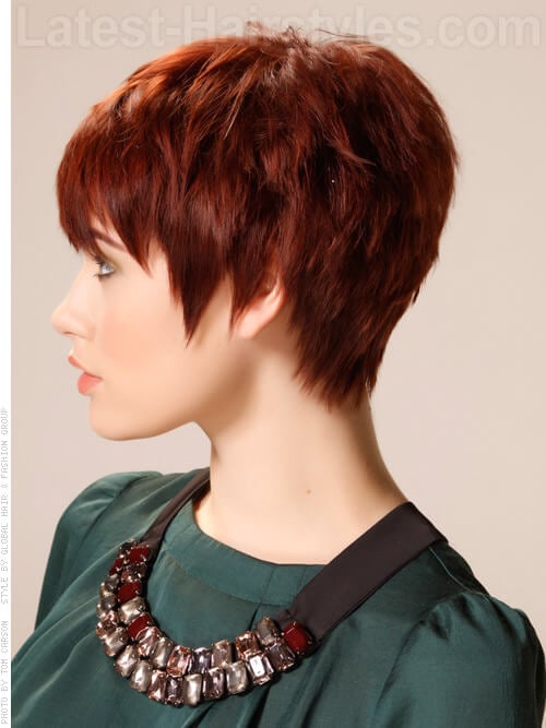 Jagged Edges Auburn Pixie with Long Spiky Bangs Side View