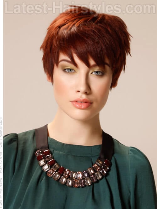 Jagged Edges Auburn Pixie Hairstyle with Long Spiky Bangs