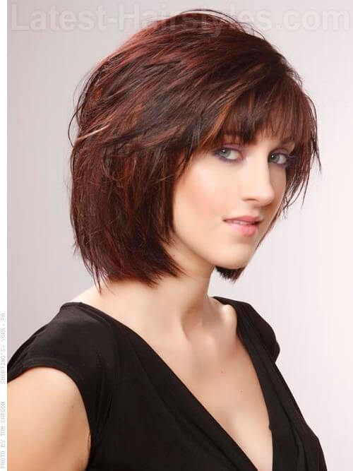 Medium Brown Red Style with Bangs Side View