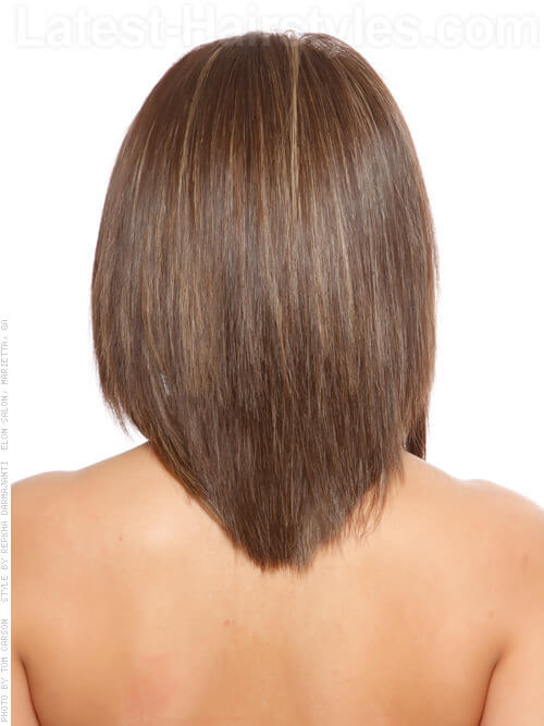 V Back Smooth Silky Layered Brunette with Bangs Back View