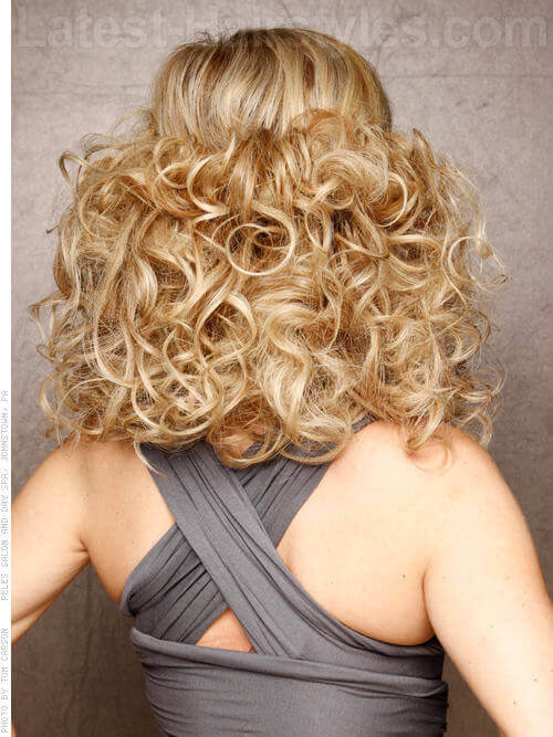 Smooth Halo Long Blonde Curls with Bangs Rear View