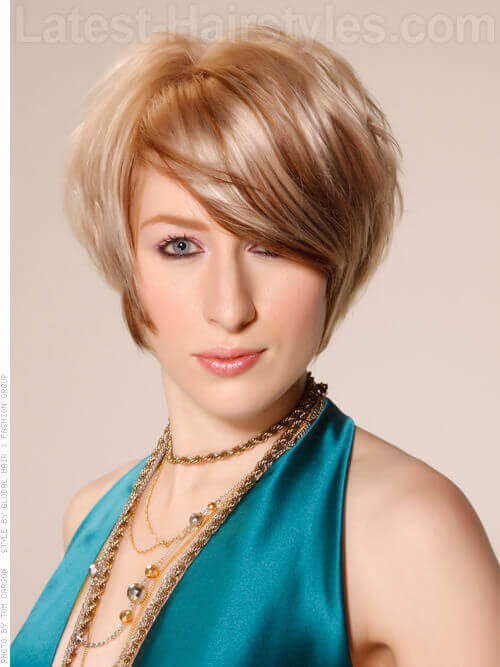 Light Blonde Short Haircut with Sideswept Bangs
