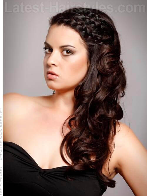 Long Dark Hairstyle with Curls and Three Braids