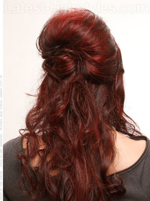 Curly Half Updo with Bun Back View