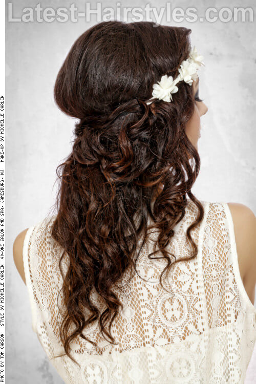 Long Curly Hairstyle with Floral Crown Back