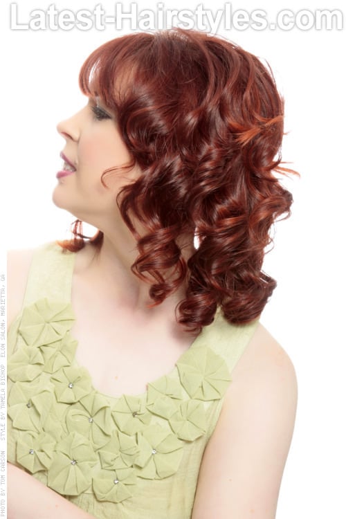 Curled Hairstyle with Piecey Bangs Side View