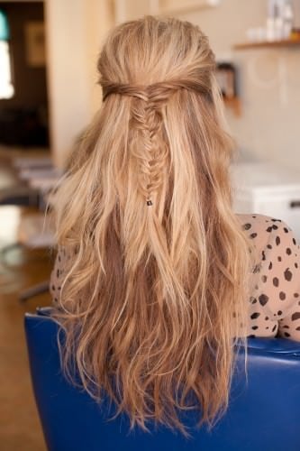 half up half down hairstyle with fishtail braid