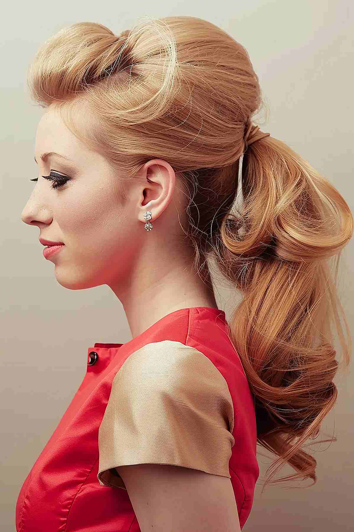 Modern 60s Bardot ponytail with high crown and curled ends for volume and elegance.