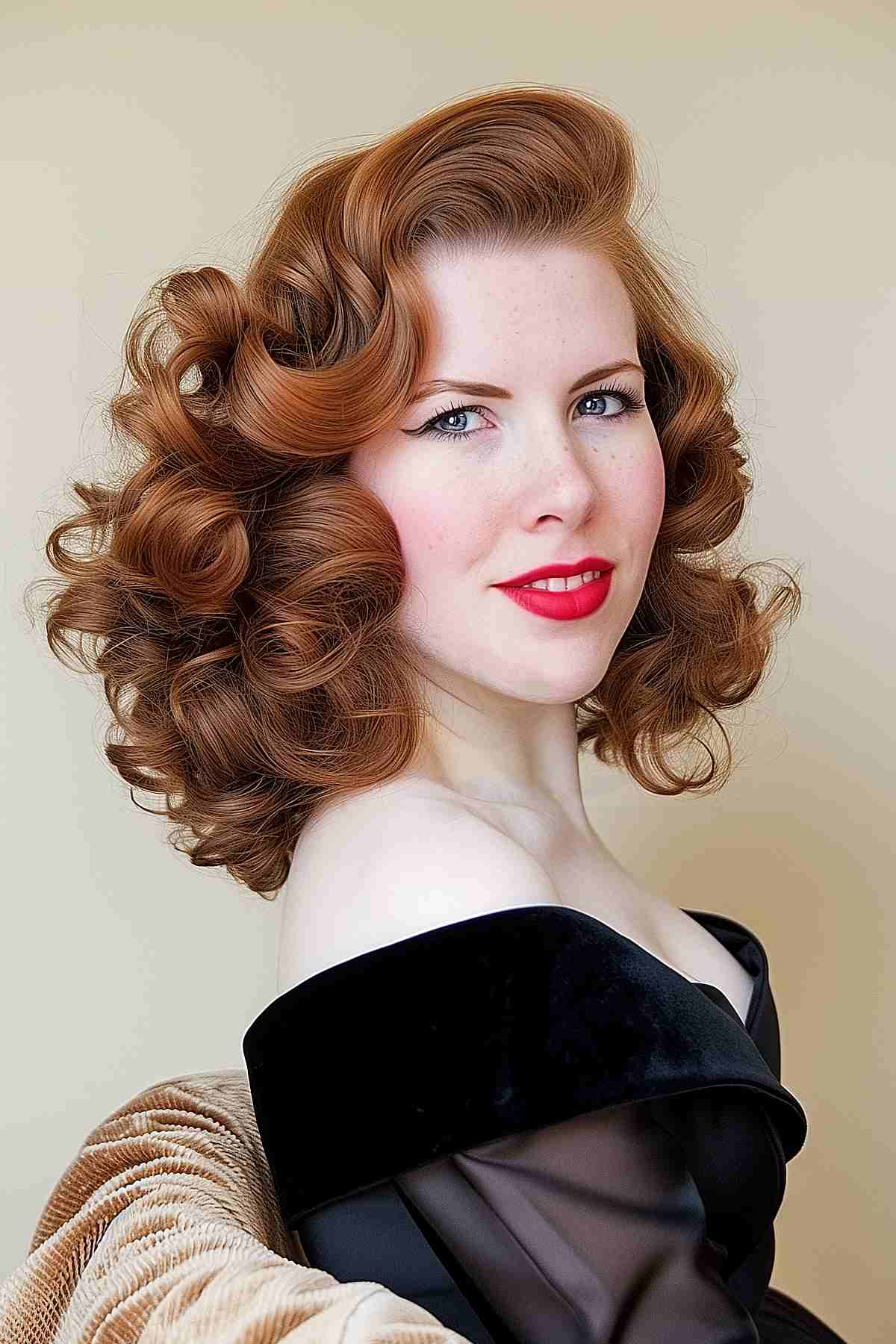 Classic 60s pin curls hairstyle with voluminous structured curls for vintage elegance.