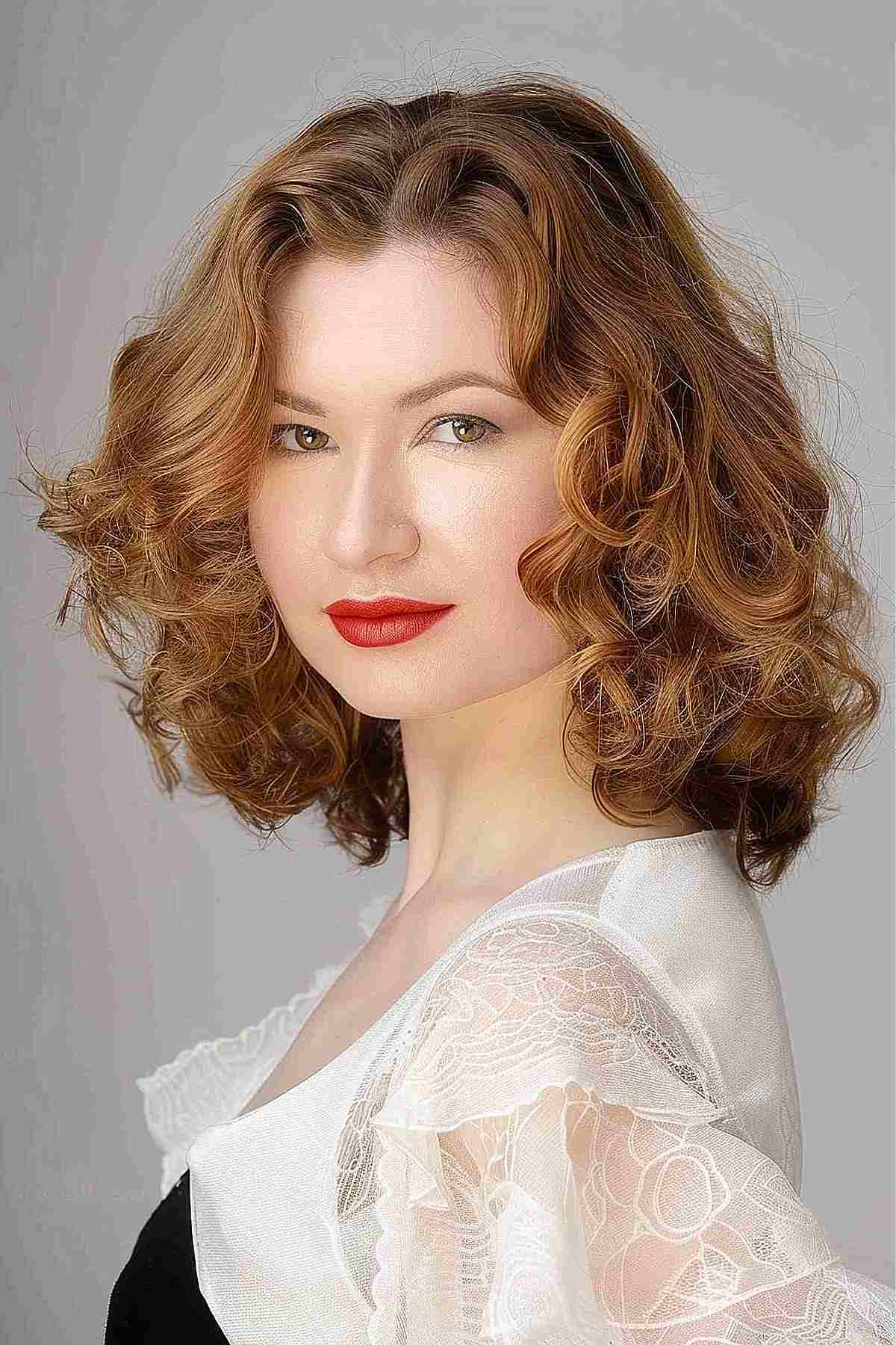 Medium length tapered curls with warm brown-blonde color, showcasing voluminous and playful texture.