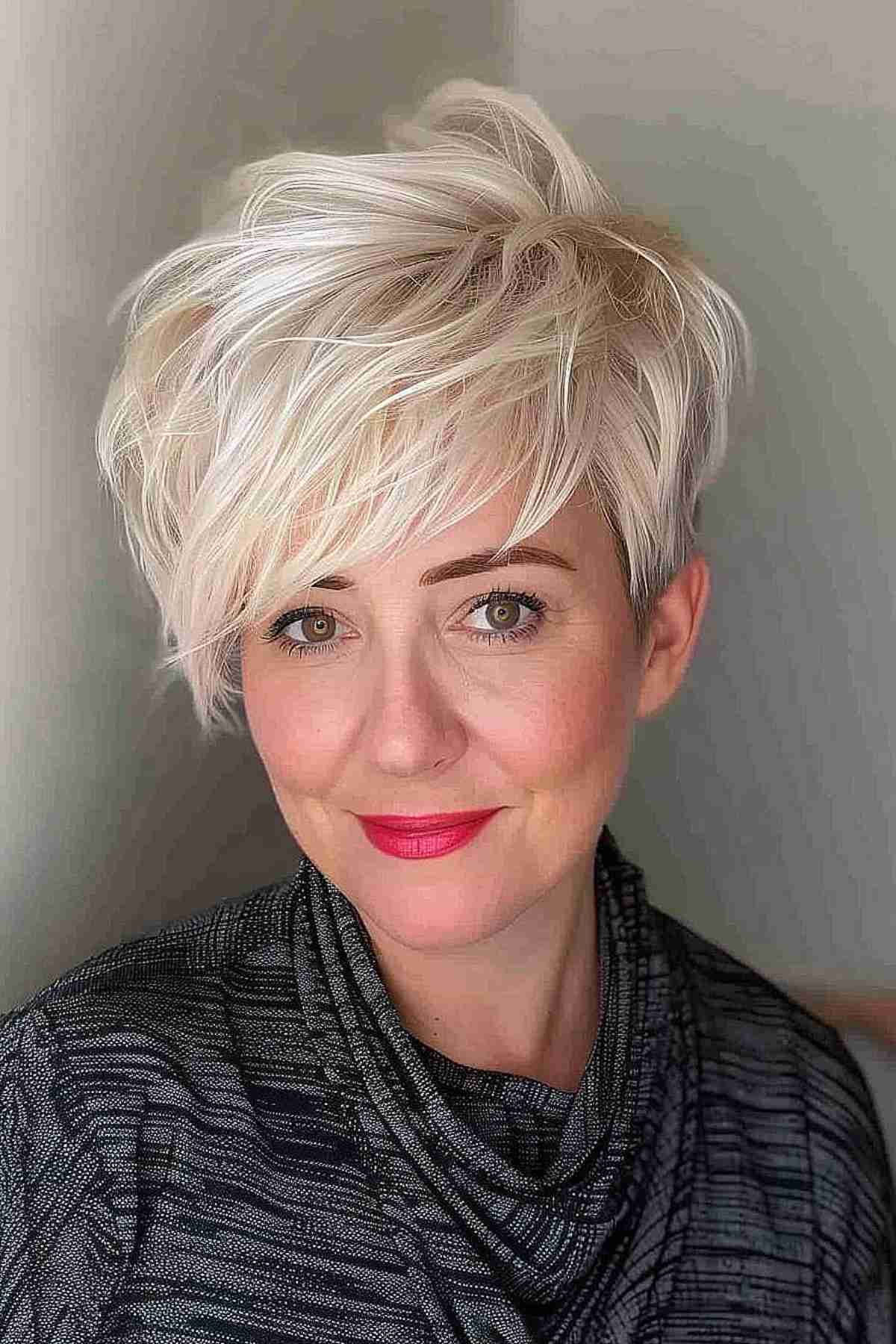 Short Platinum Asymmetrical Pixie-Bob for Women Over 40 with Oval Face Shapes