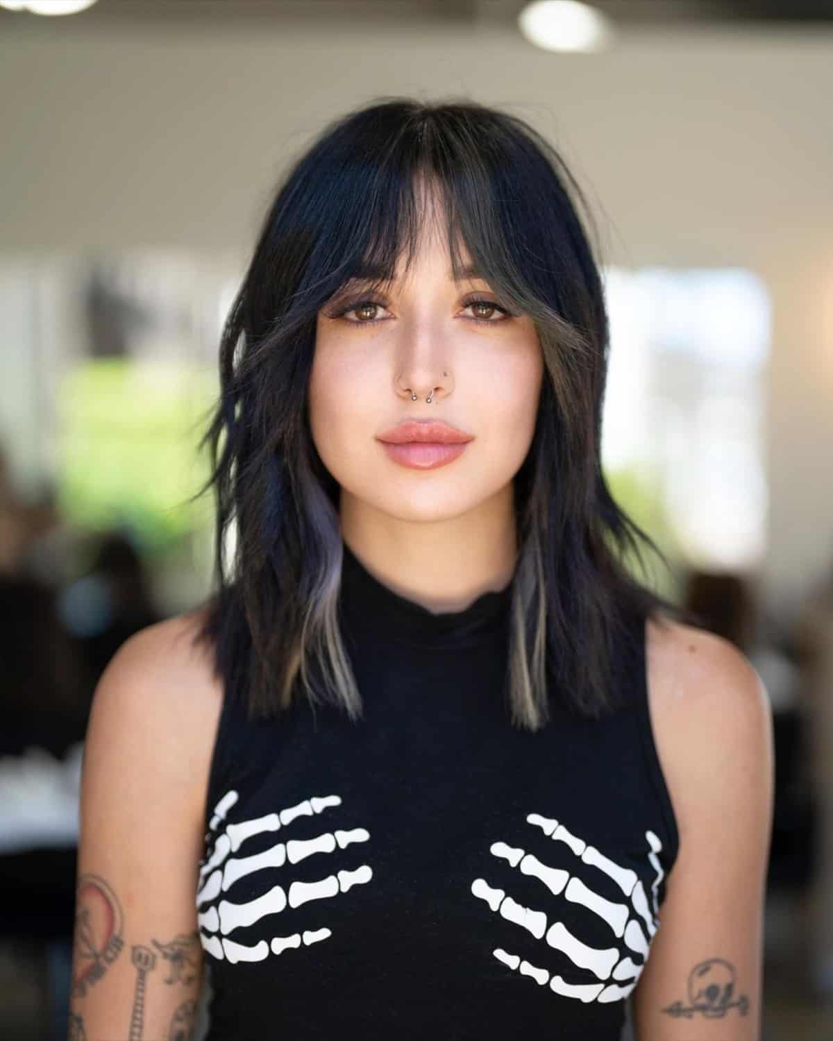 Stylish and Sultry Long Bangs for Mid-Length Hair
