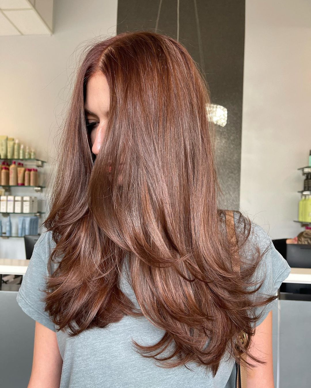 Chestnut Red-Brown Hair Color with Face-Framing Layers