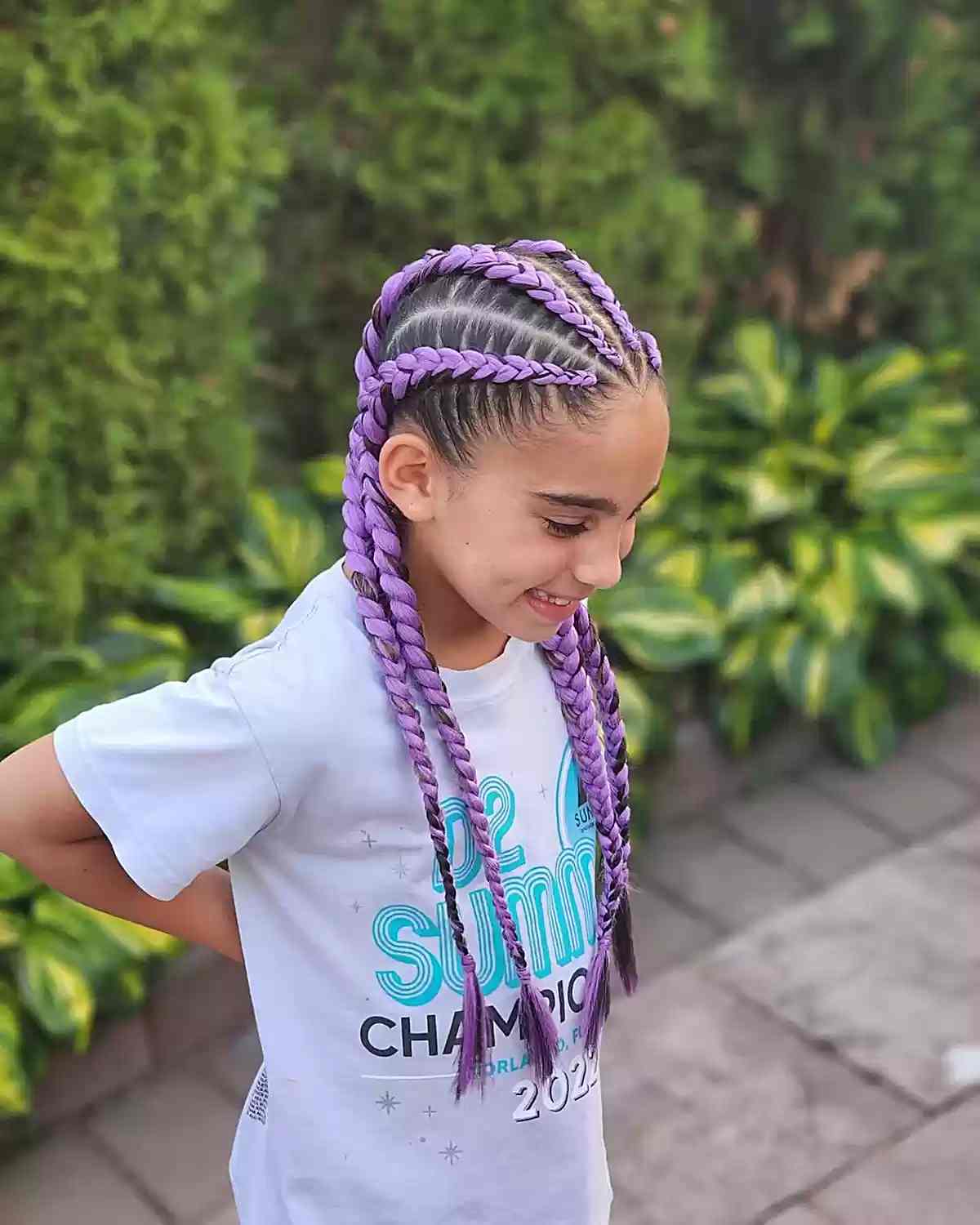 Long 4-Braid Purple Hairstyle for Softball Kids