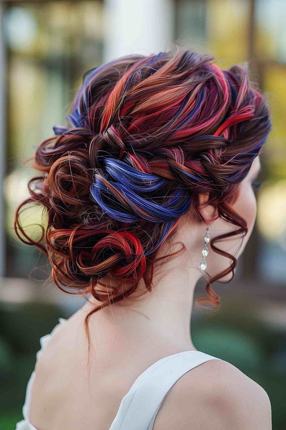 Curly updo with red and blue highlights for 4th of July