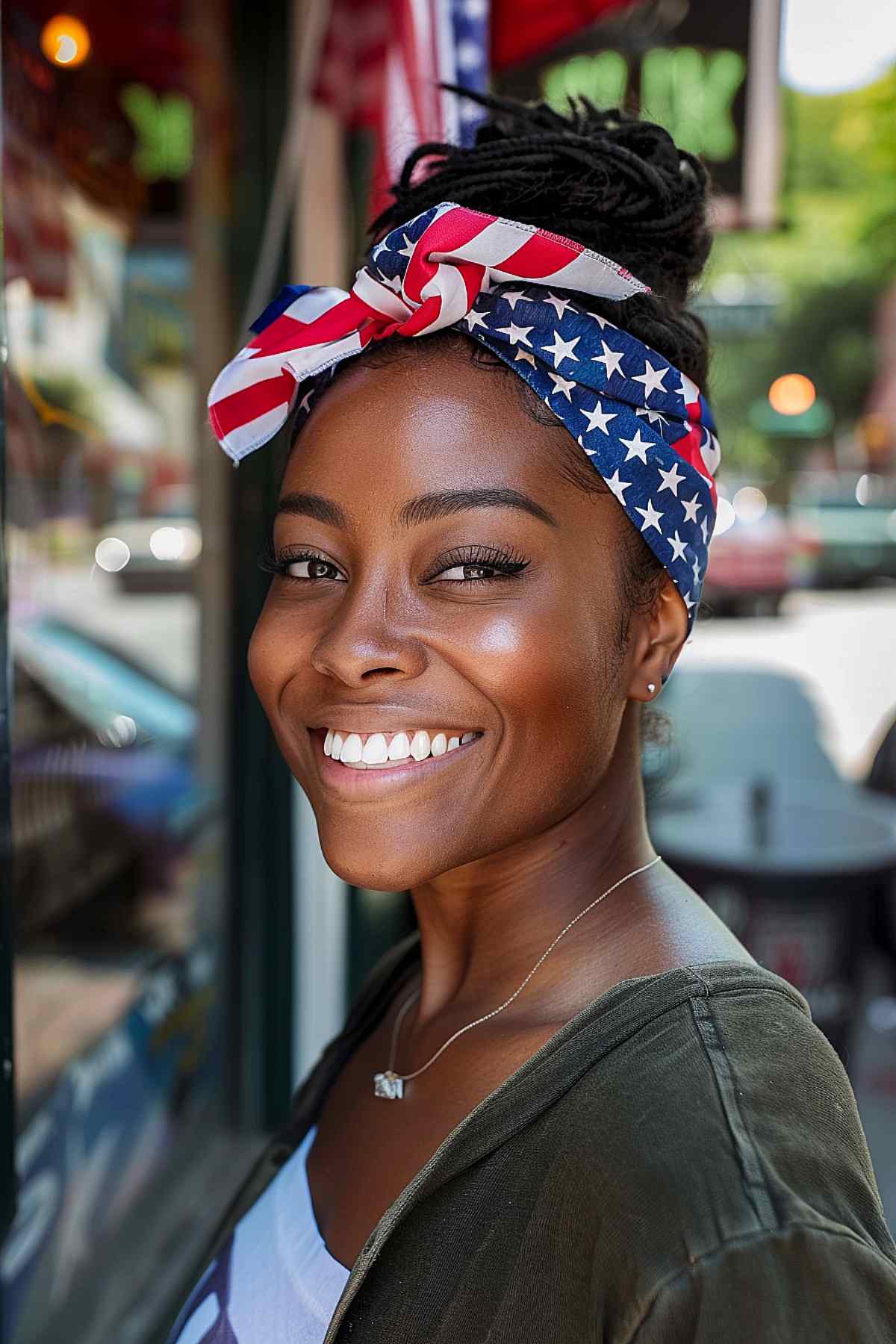 High bun with twists and a patriotic bandana for 4th of July