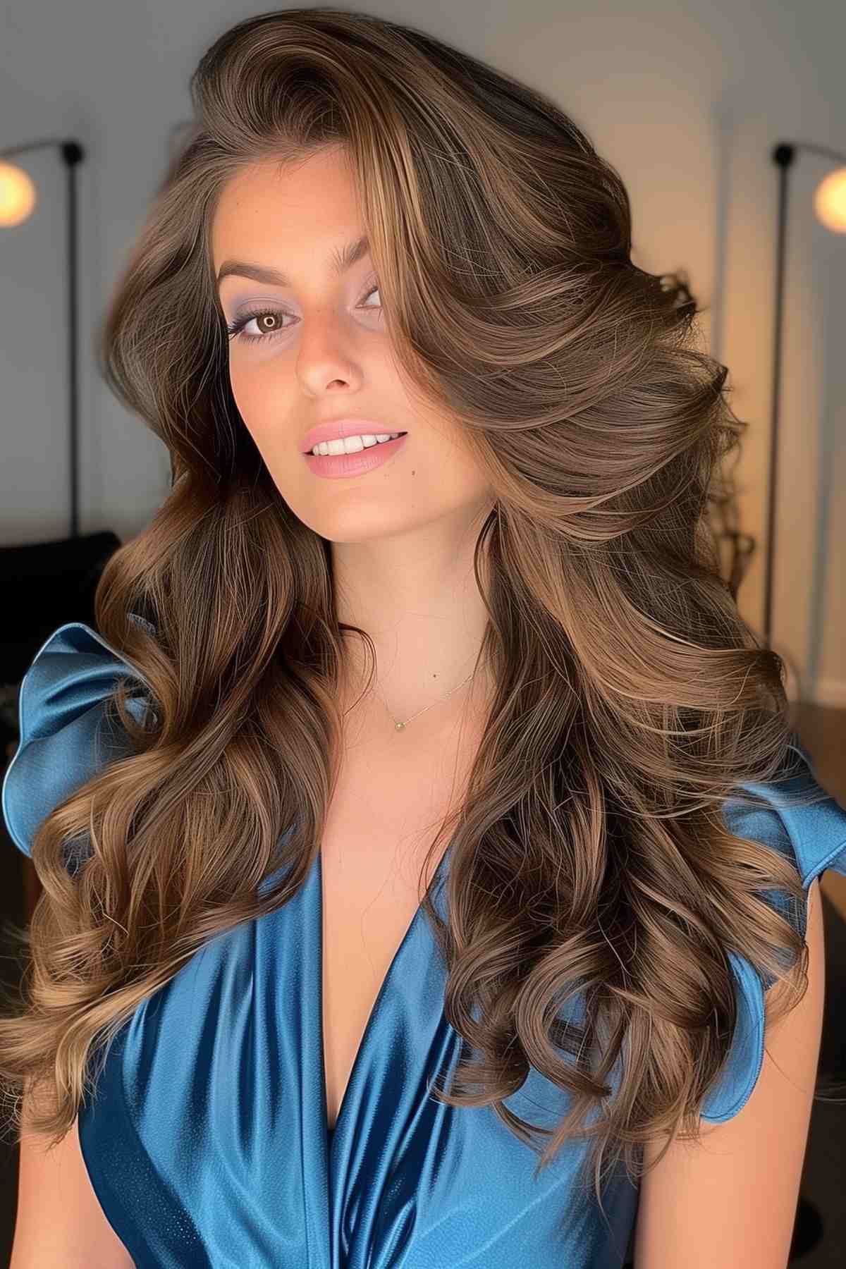 Woman with 60s-inspired voluminous blowout and soft waves in brown hair