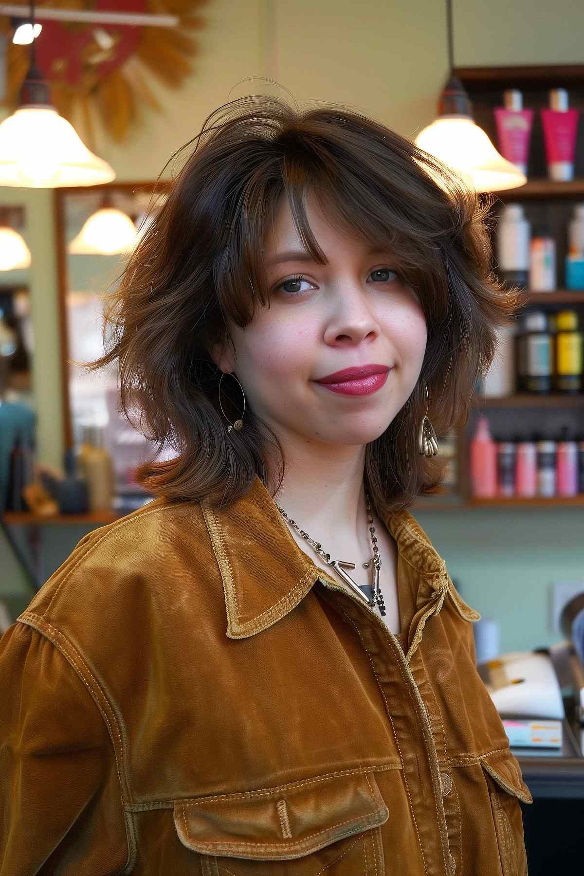 Woman showcasing a 70s-influenced wolf cut for straight hair, with layered and feathered ends at collarbone length.
