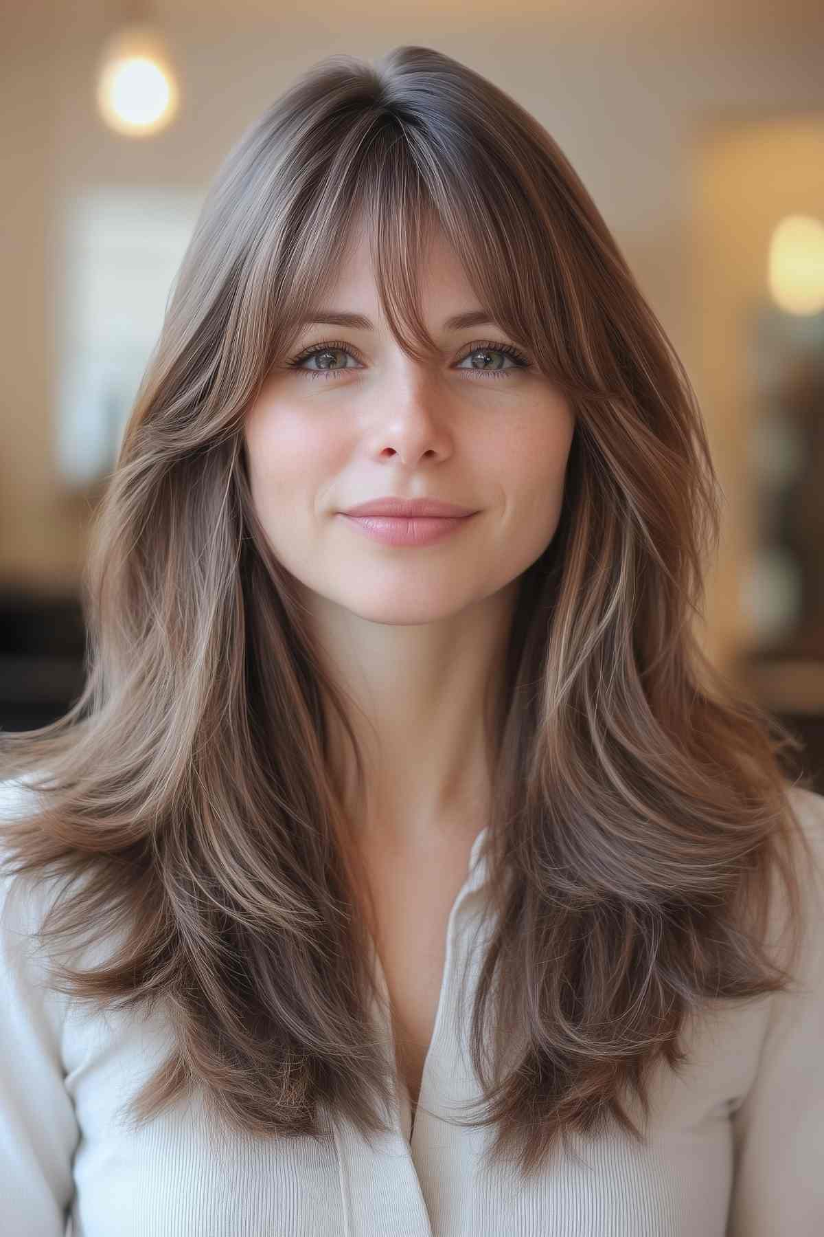 70s choppy haircut with soft layers and wispy bangs, light brown with subtle highlights