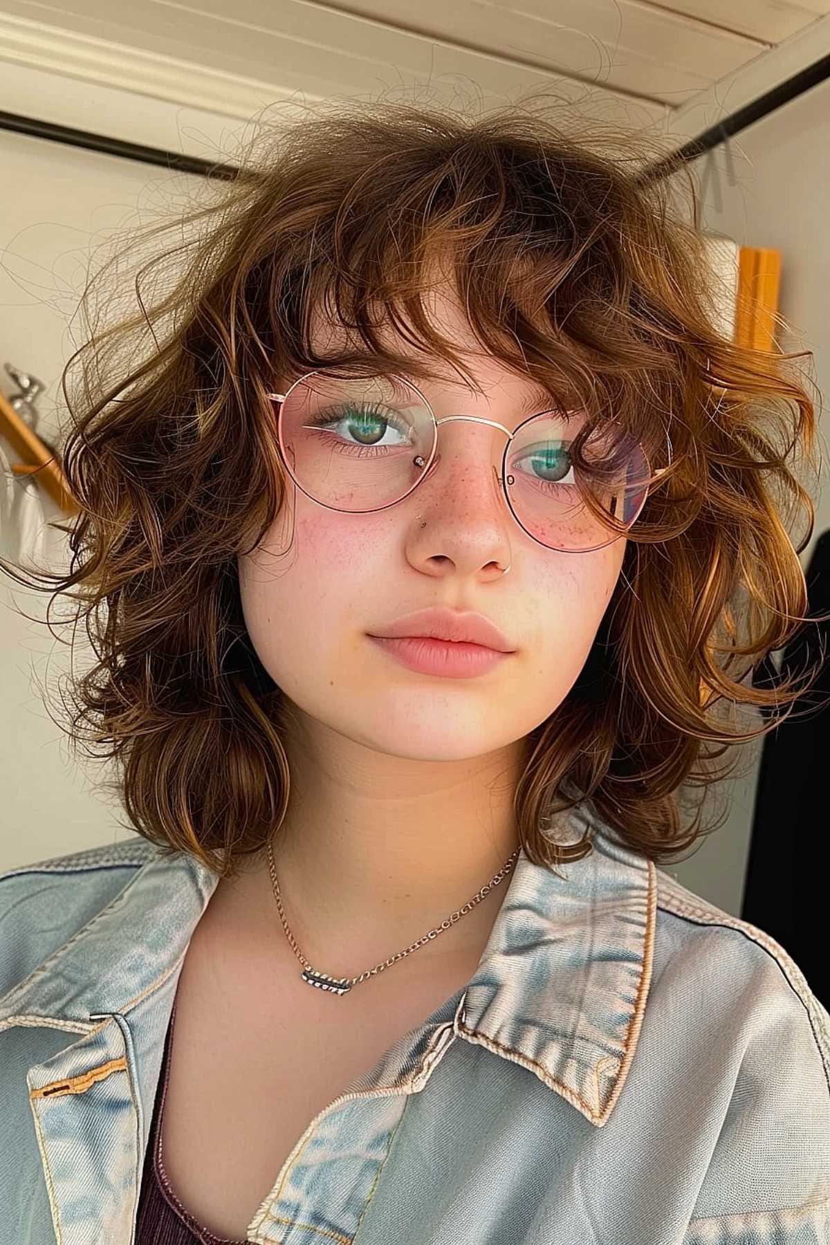 Short 70s shag haircut for girls with messy curls