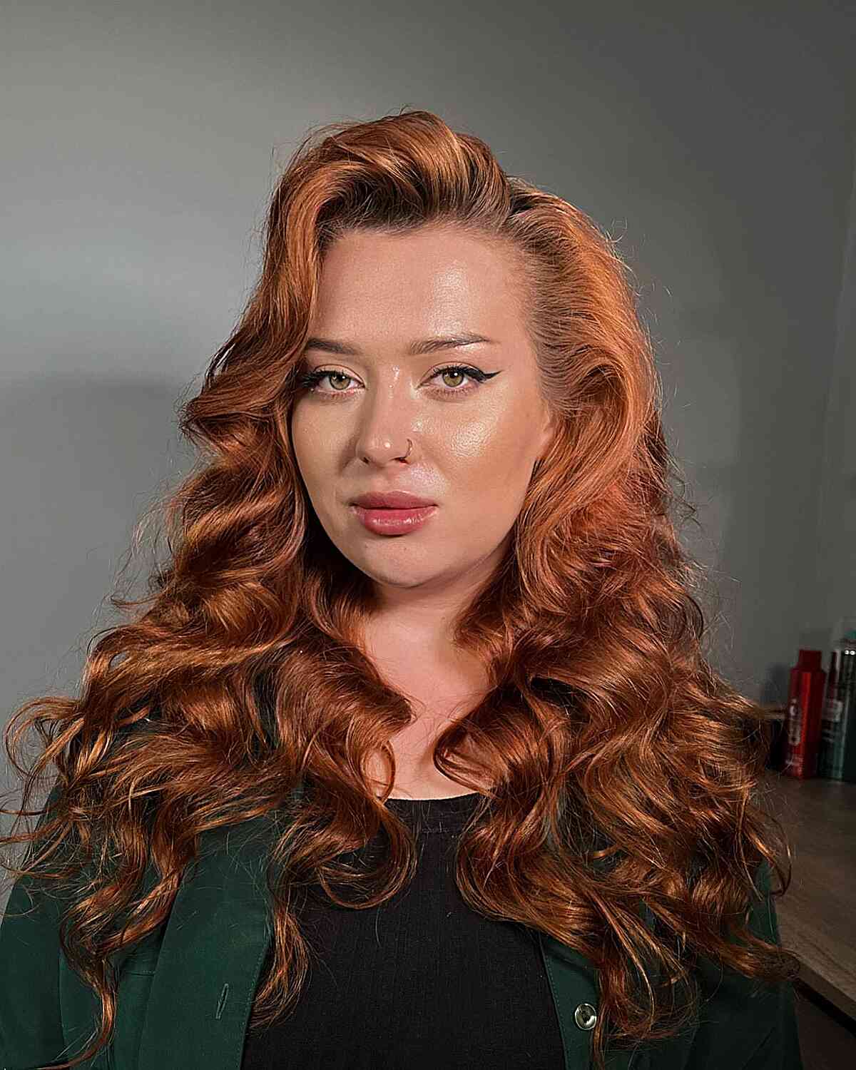 80s Long Ginger Soft Curls with Deep Side Part