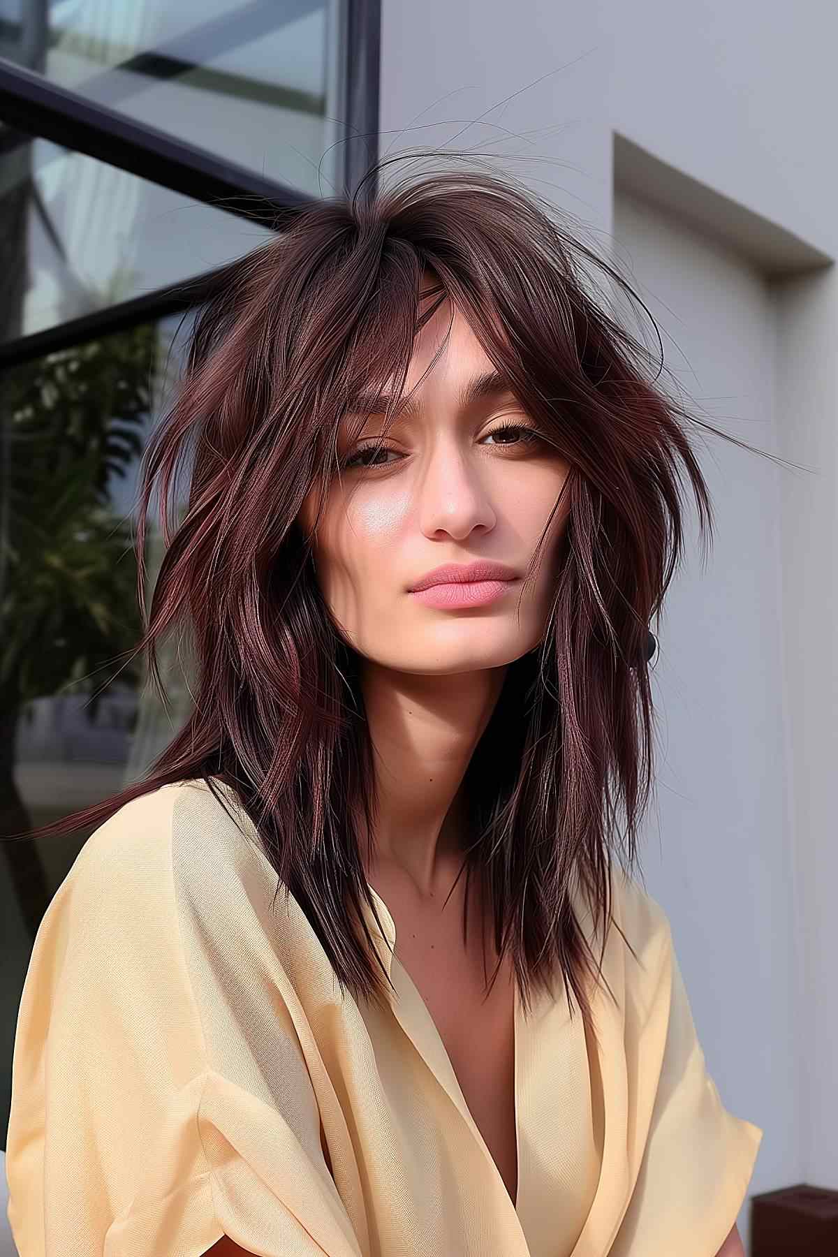 A woman with a textured 80s-inspired wolf cut on straight hair featuring voluminous layers and a rich color blend, creating an impactful, dramatic look.