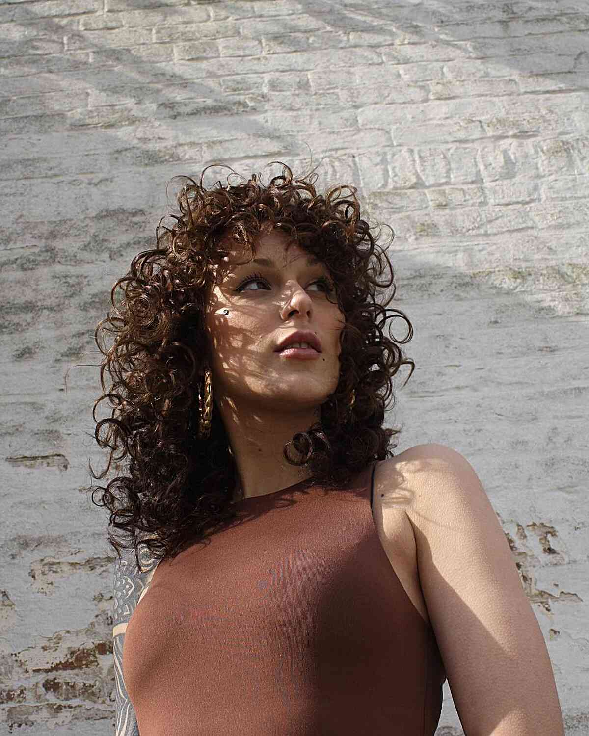 80s Vintage Shoulder-Length Brown Curly Layers with Fringe