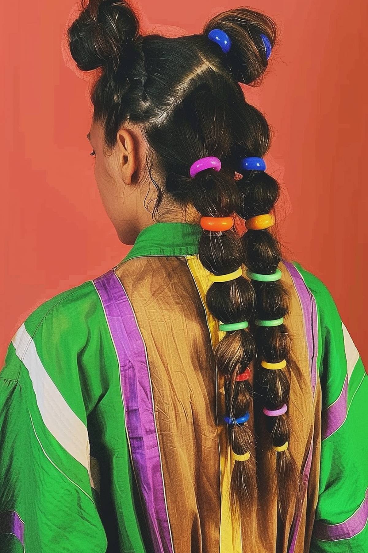 A colorful 90s-inspired bubble braid hairstyle with bright scrunchies, ideal for textured hair and a playful look.