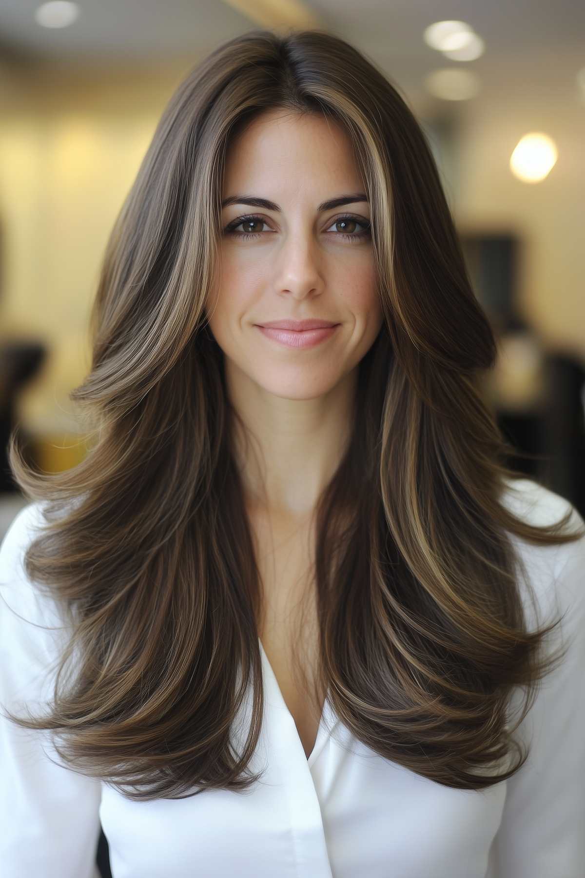 Long hair with choppy layers and subtle highlights, styled with face-framing pieces