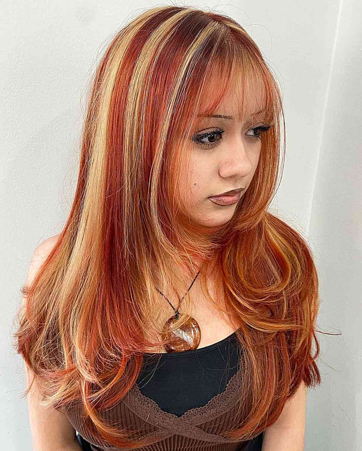 90s Vintage Copper and Blonde Chunky Highlights for Long Hair with Bangs