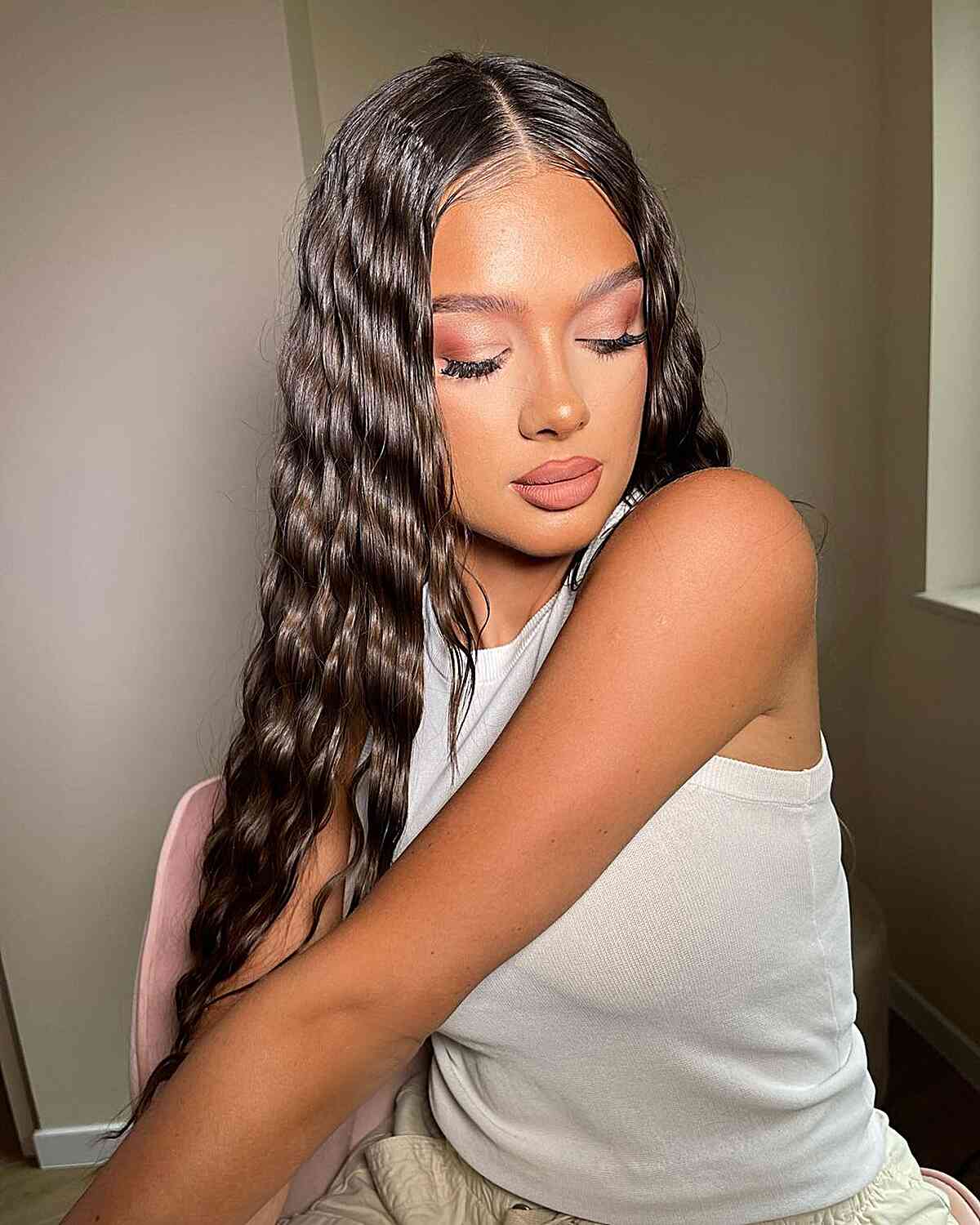 90s-Inspired Wet Wavy Look with Center Part on Waist-Length Hair