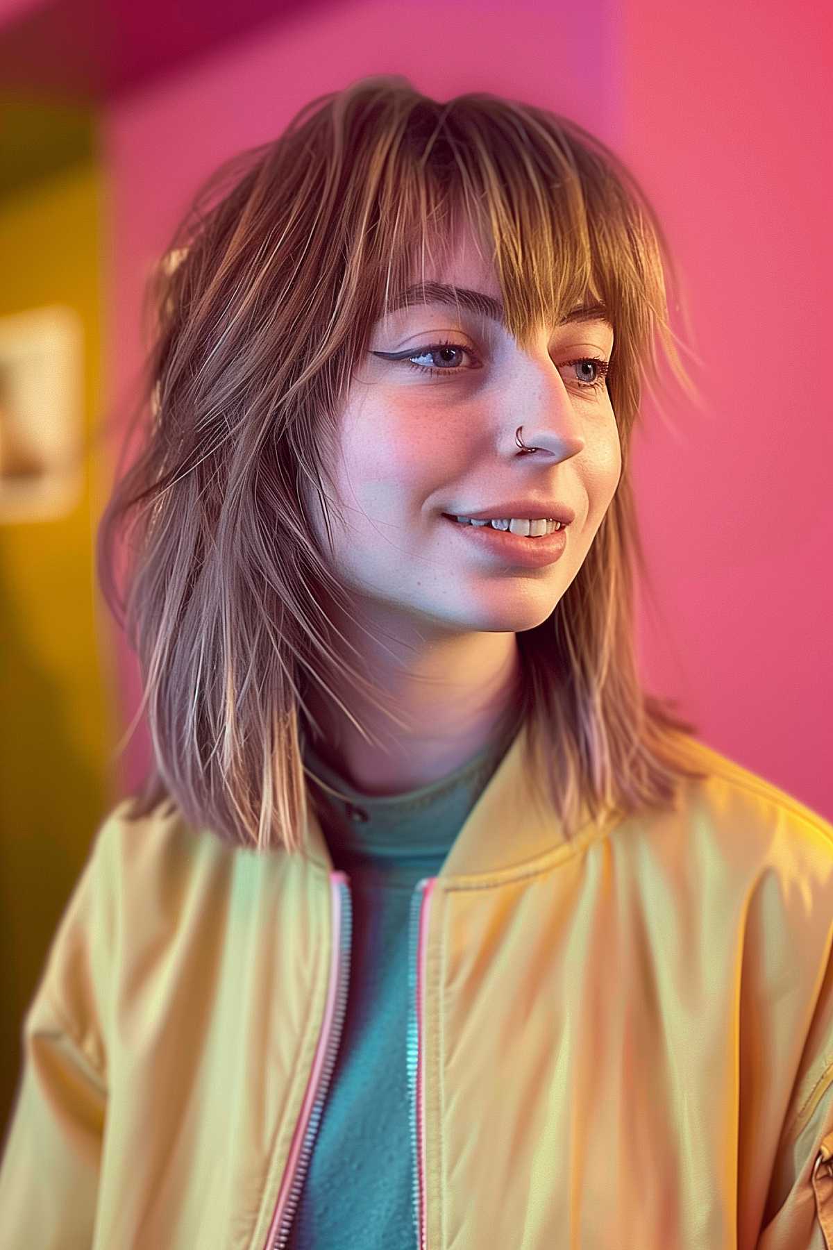 A woman showcasing a 90s-inspired wolf cut on straight hair, with choppy layers and feathered bangs, creating a textured and playful hairstyle.