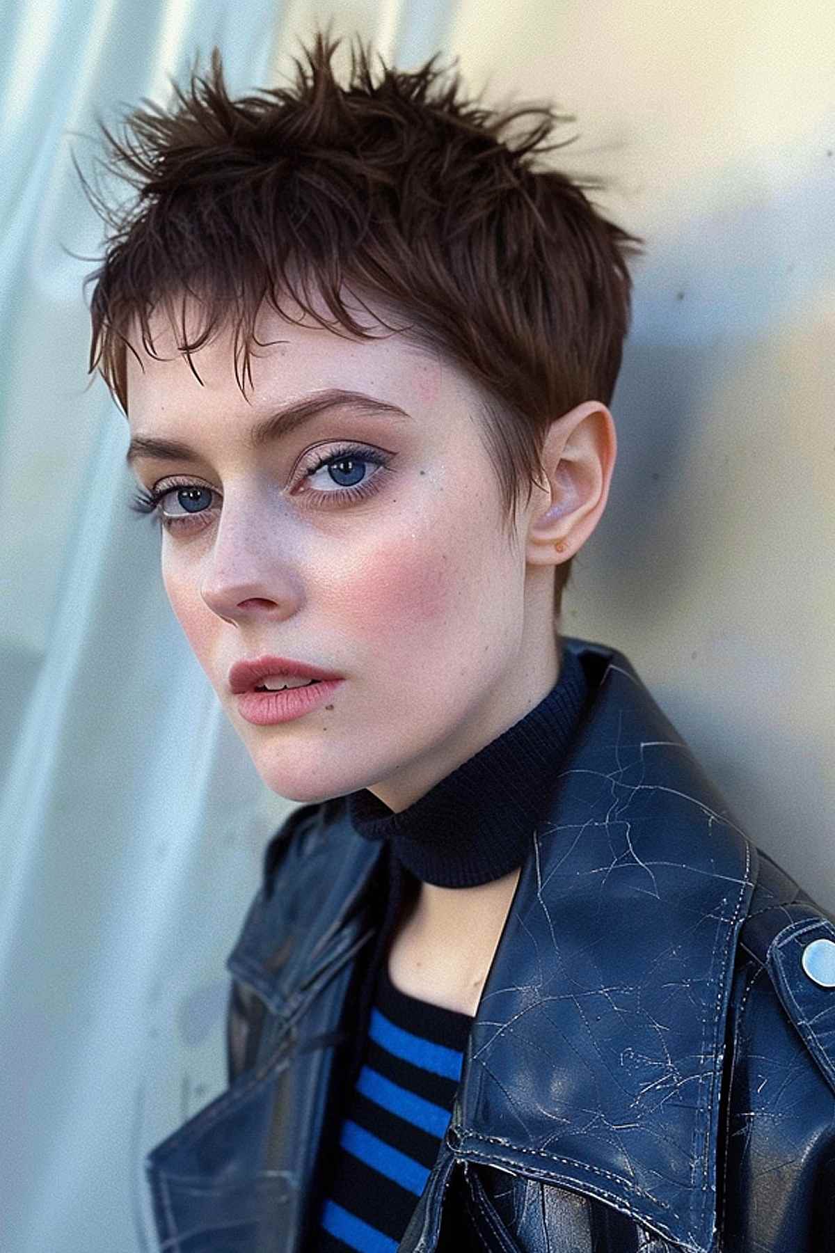 '90s-inspired punk pixie cut with tousled, textured layers in natural tones, perfect for a low-maintenance, stylish look. 