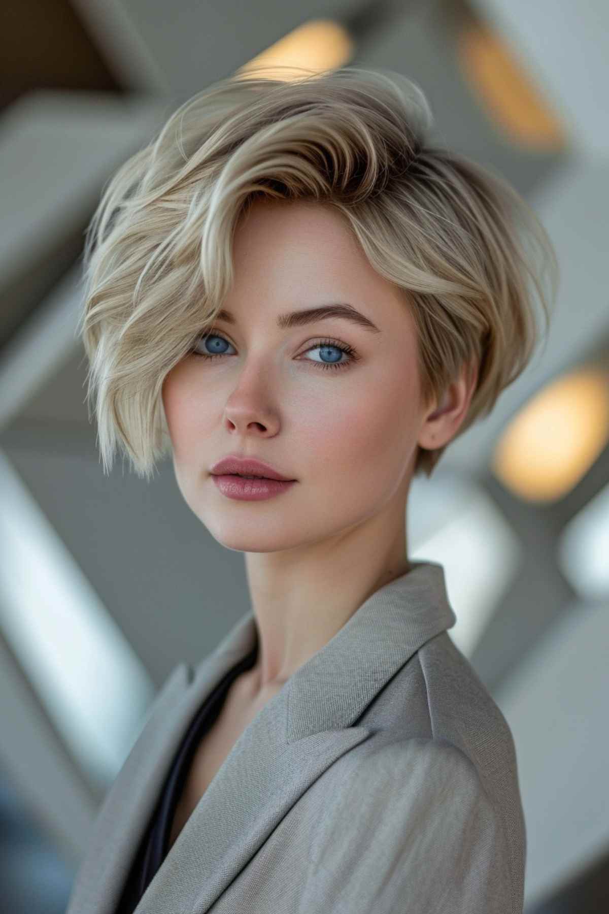 A bold pixie bob with an asymmetric sweep on a woman in her 30s