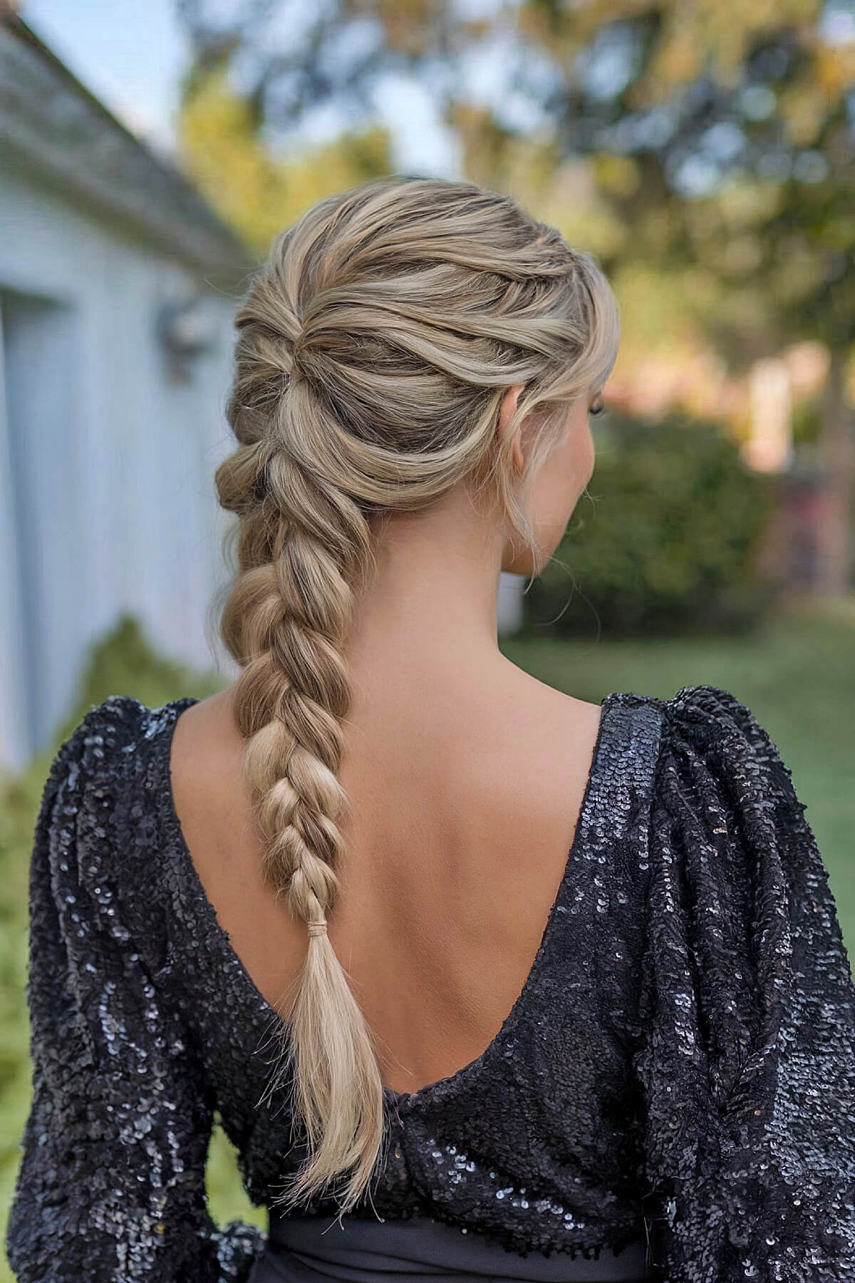 Cute homecoming hairstyle with a loose boho braid down the back