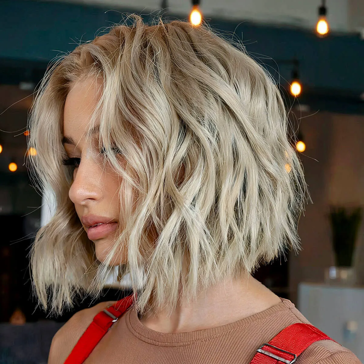 Dimensional Blonde Tousled Angled Bob