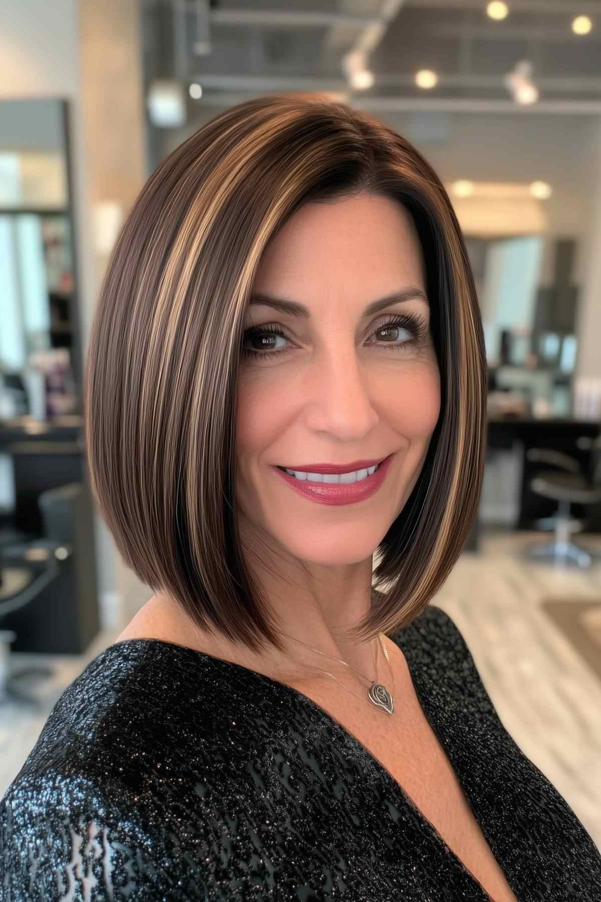 formal bob hairstyles with chin-length cut, sleek straight hair, and caramel highlights