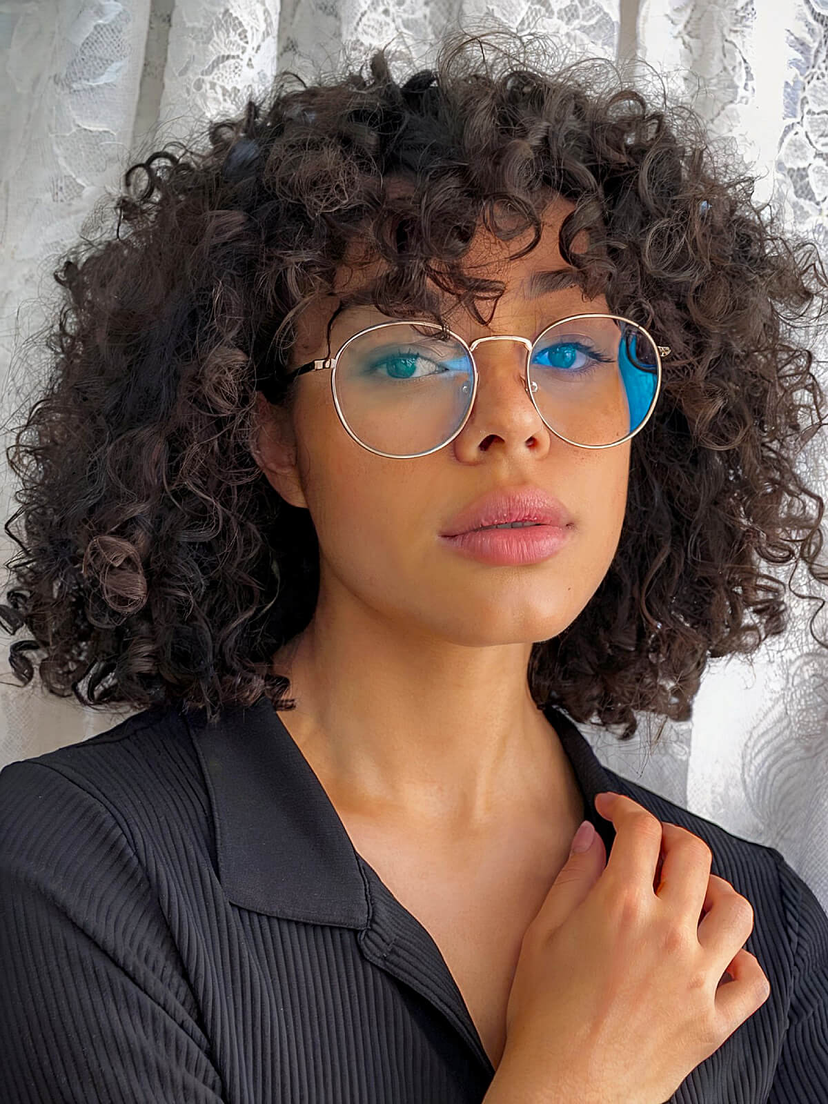 Fringe bangs with curly hair and glasses